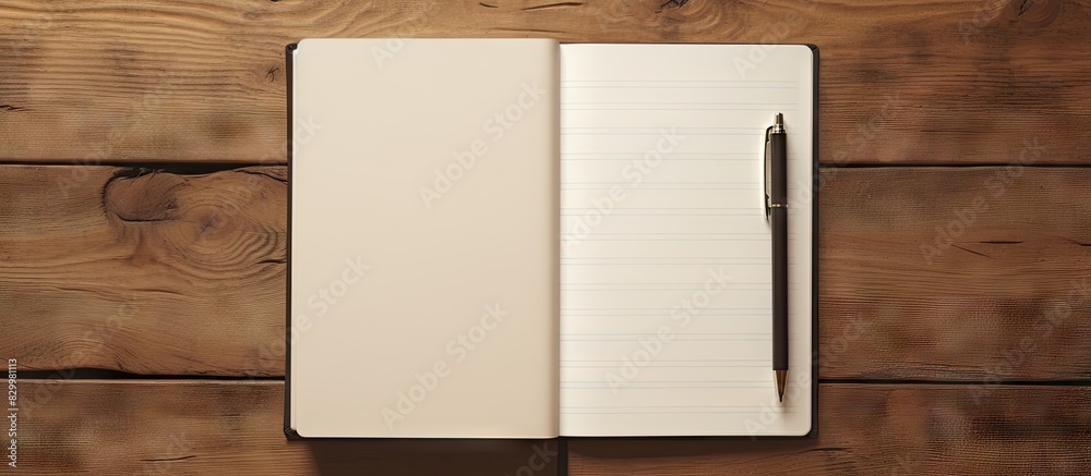 Aufkleber Gift set with a designer notebook featuring a leather cover It is displayed on a wooden background showcasing both its closed and open states The notebook includes thick paper and numerous pages Copy