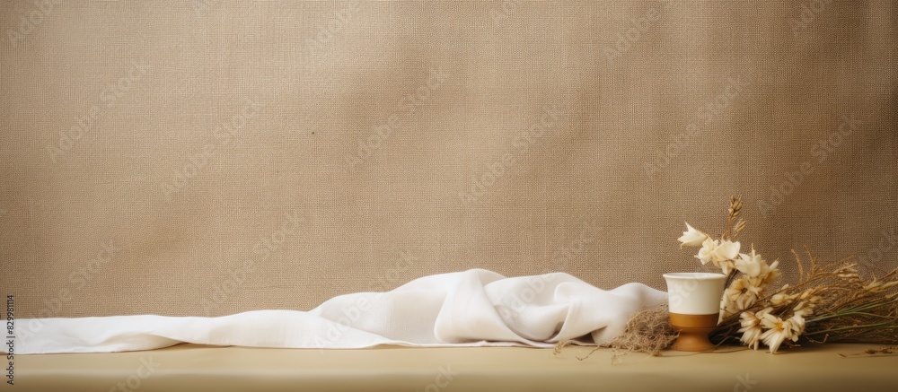 Poster beige sackcloth background showcasing a composition for the first holy communion providing ample cop