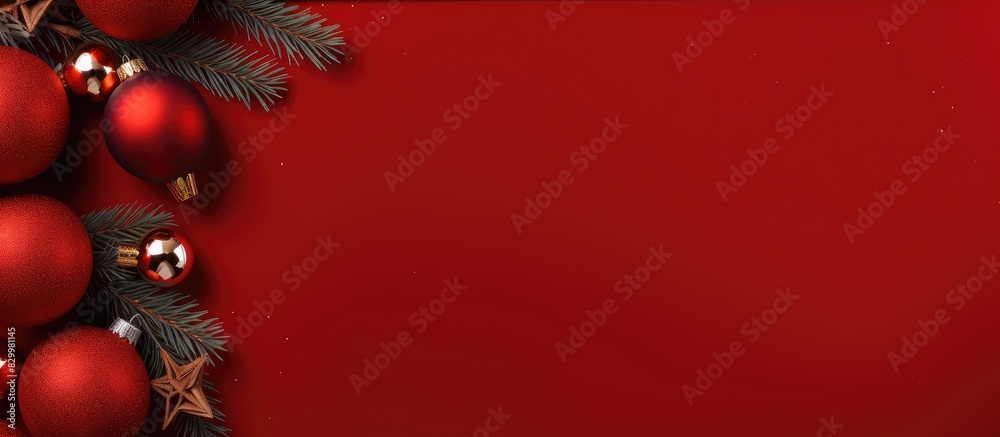 Leinwandbilder A festive red Christmas template with a frame set against a red background The design features a flat lay perspective with a top view providing ample copy space for text