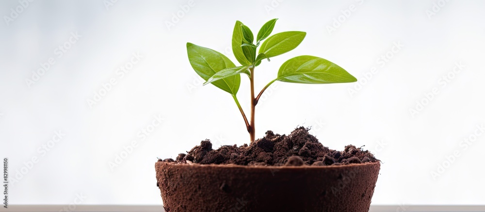 Poster A close up image of a young seedling in a peat pot against a white background with ample copy space