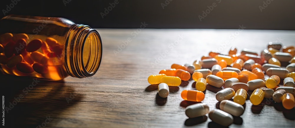 Aufkleber An open bottle of medication causing pills to spill out placed on a wooden surface creating a visually pleasing copy space image