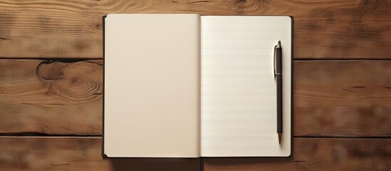 Gift set with a designer notebook featuring a leather cover It is displayed on a wooden background showcasing both its closed and open states The notebook includes thick paper and numerous pages Copy