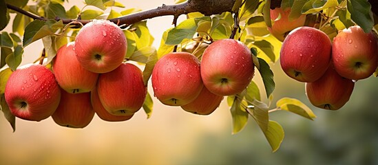 A copy space image of a handful of ripe apples hanging from a branch in the bountiful garden during the harvest season