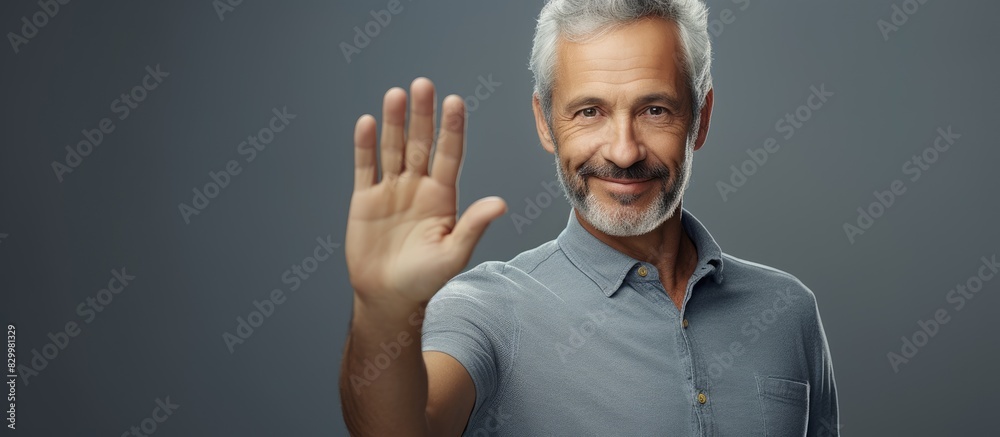 Leinwandbilder a middle aged man with gray hair and casual attire is happily smiling while directing attention towa
