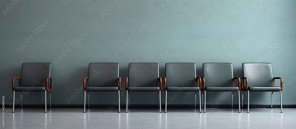 Poster In a minimal style waiting room there is a copy space image of modern simple chairs placed against a grey wall