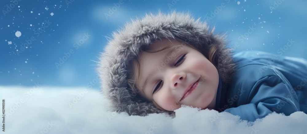 Poster a joyful child is lying on the snow covered ground creating a lovely copy space image