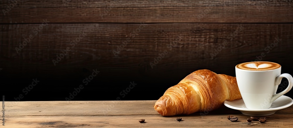 Wall mural A copy space image featuring a cup of coffee and a croissant placed on a wooden background