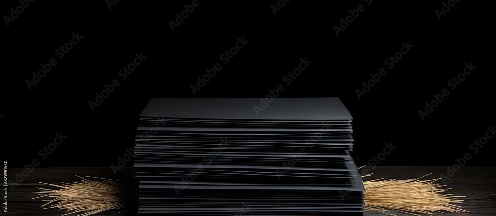 Aufkleber Black wooden background with a stack of blank paper sheets for a brochure creating a mock up with copy space image