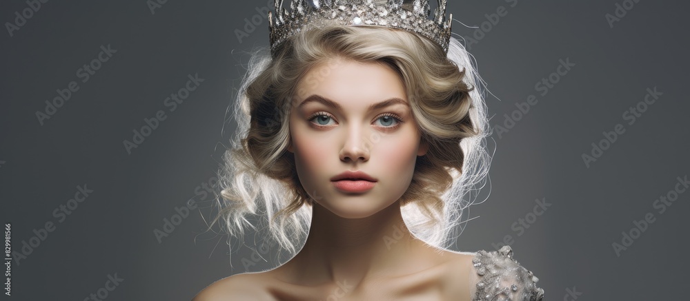 Poster the princess model is adorned with a high fashion silver leaf sparkling crown and a decorative silve