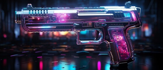 Obraz premium Futuristic gun shape with holographic pills, digital art, neon lights, hightech design 8K , high-resolution, ultra HD,up32K HD