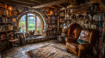 Cozy rustic library with a leather armchair, stone fireplace, and wooden bookshelves filled with books overlooking a lush garden through a round window.