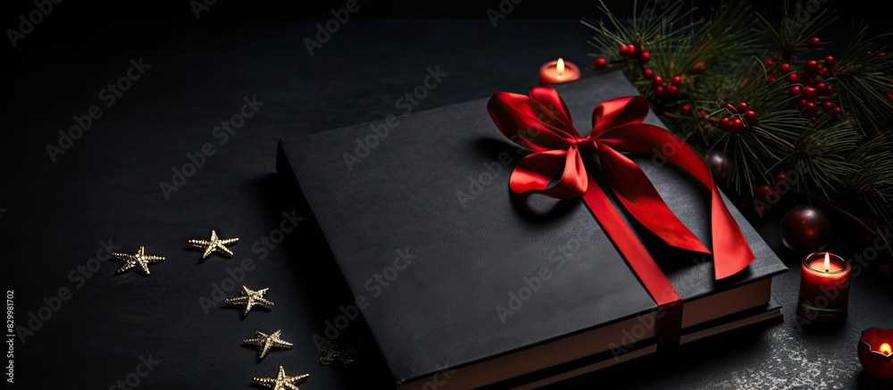 Poster a festive christmas theme featuring a black book red paper and a pen laid on a gray cloth the backgr