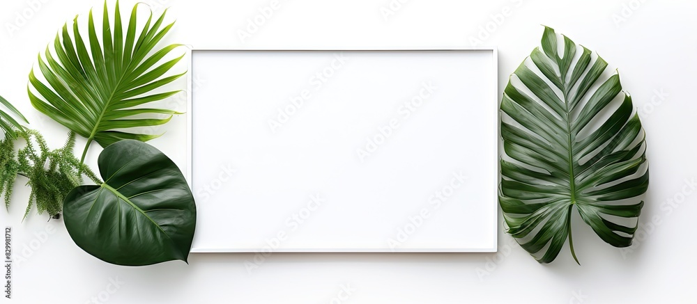 Poster A flat lay of a picture frame adorned with a beautiful tropical leaf against a white background creating an elegant and decorative design. with copy space image. Place for adding text or design