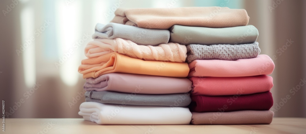Aufkleber a close up background image of a stack of neatly folded women s clothes on top of a bedroom dresser 