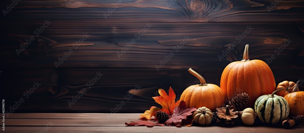 Poster at a dark wooden table there is a festive autumn background with pumpkins pine cones and leaves surr