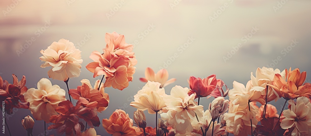 Poster a beautiful view of close up flowers on a vintage background with ample room for a copy space image