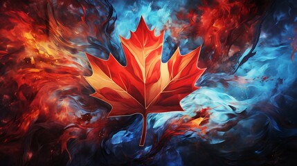 Fototapeta premium Canadian flag with fire and water elements intertwined, surreal style, digital painting, contrasting hues 8K , high-resolution, ultra HD,up32K HD