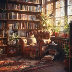 Cozy reading corner with an armchair, bookshelf, and sunlight streaming through a window, creating a warm and inviting atmosphere.