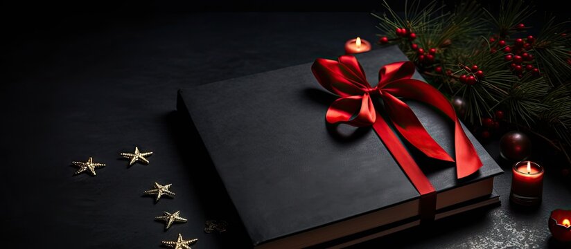 A festive Christmas theme featuring a black book red paper and a pen laid on a gray cloth The background is illuminated creating a beautiful copy space image