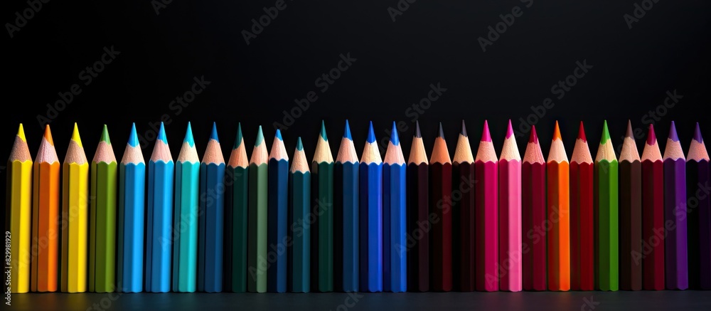 Poster there is a copy space image featuring a variety of colored pencils that form a vibrant rainbow contr