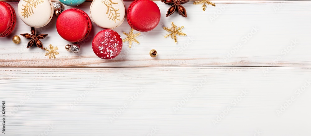 Poster Top view of beautifully decorated Christmas macarons on a white wooden table with room for text or other elements in the image. with copy space image. Place for adding text or design
