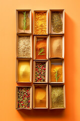 A row of spice boxes with a variety of spices including pepper, cumin