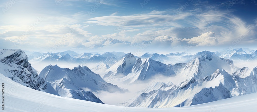Poster A pristine landscape of towering snow covered peaks with vast expanses of untouched white. with copy space image. Place for adding text or design