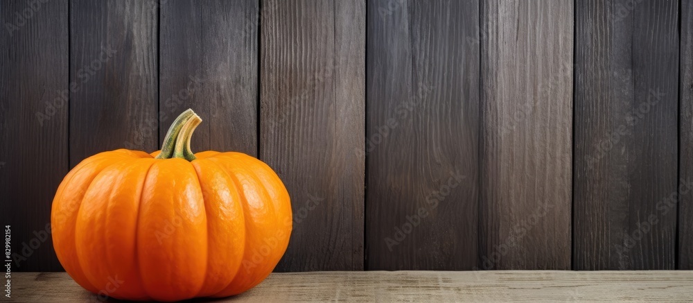 Poster a charming silky pumpkin color contrasts against a rustic grey wooden backdrop offering ample room f