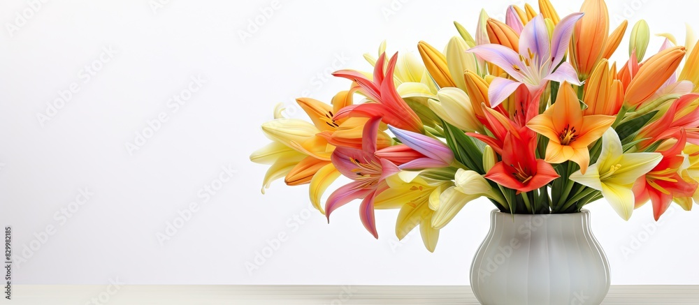 Poster Bright and beautiful multicolored tulip bouquet in a vase set against a white background This copy space image represents the concept of a spring gift with vibrant spring or summer flowers