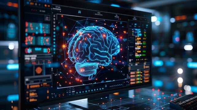 A digital brain scan displayed on a computer monitor, representing artificial intelligence and technology.