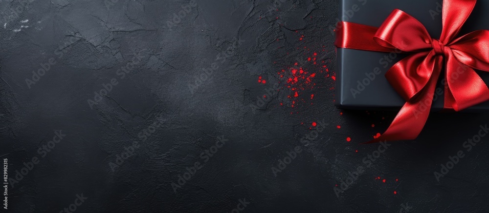 Poster A black Friday sale with a red bow presents itself on a dark background The image is captured from a top down perspective showcasing a flat layout with ample space for text or advertising