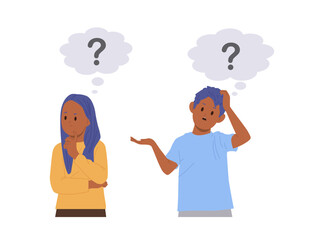 Preteen boy and girl children cartoon characters with question sign thinking and brainstorming