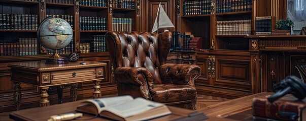 Luxurious vintage study room with leather armchair, wooden desk, globe, and bookshelves filled with books, creating a classic academic atmosphere.