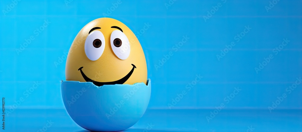 Poster the blue background provides a copy space image for the egg which is adorned with a cheerful happy f