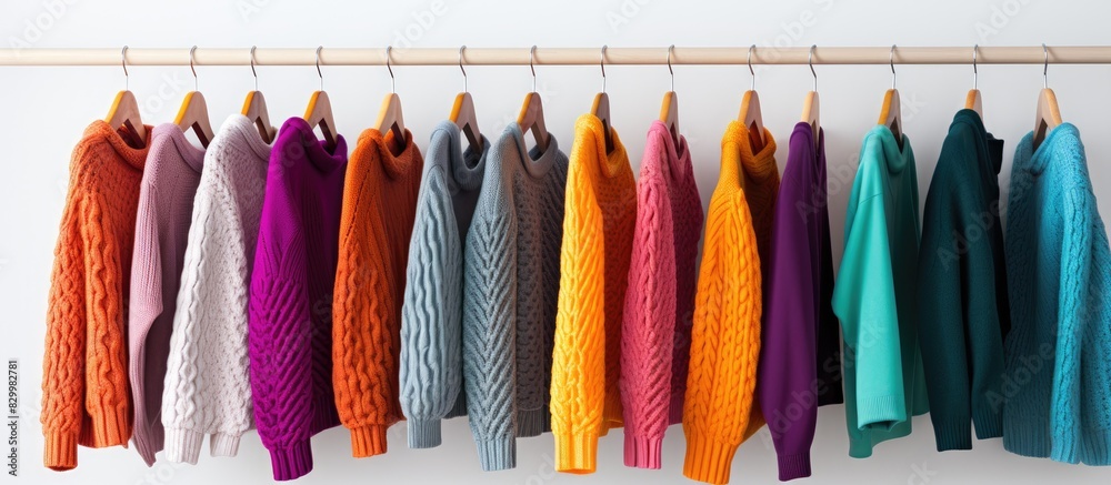 Poster a line up of vibrant knitted sweaters along with a t shirt hang gracefully on hangers against a pris
