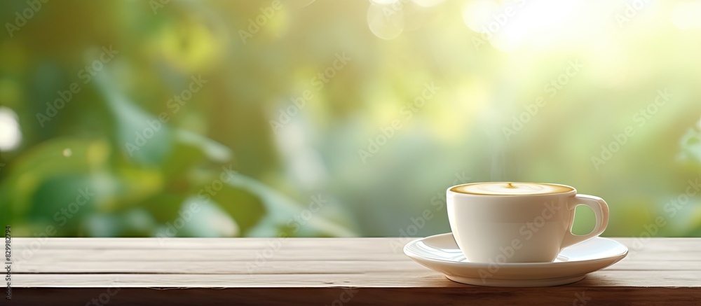 Poster a copy space image of a cup of coffee resting on a white table is surrounded by a softly blurred nat