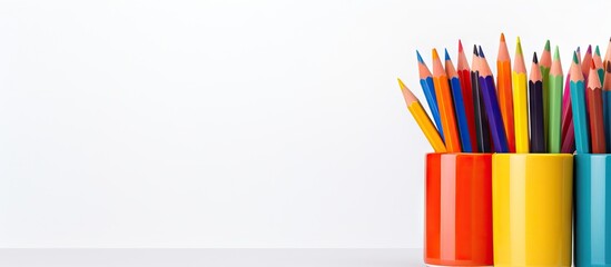 A cup holding vibrant crayons against a white background is depicted in the copy space image - Powered by Adobe