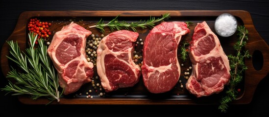 A top down view of raw lamb meat chops and steaks arranged on a wooden tray against a black background providing ample space for text or graphics