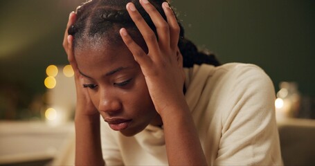Black girl, thinking and sad or tired in home for academic pressure, self esteem or anxiety and...