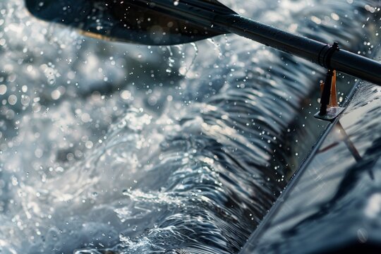 High Resolution Shot of Rowing Boat Hull Gliding Through Water with Emphasis on Oar Blades Entering and Exiting Seamlessly - Perfect for Sport, Adventure, or Transportation Concepts