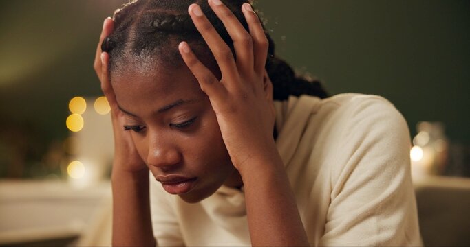 Black girl, thinking and sad or tired in home for academic pressure, self esteem or anxiety and depression of break up. Woman, fatigue and burnout of school or unhappy of broken heart and stressed.