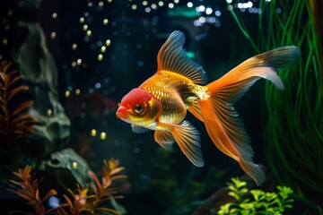 Peaceful fish tank setting. Goldfish swimming in stunning aquatic plants