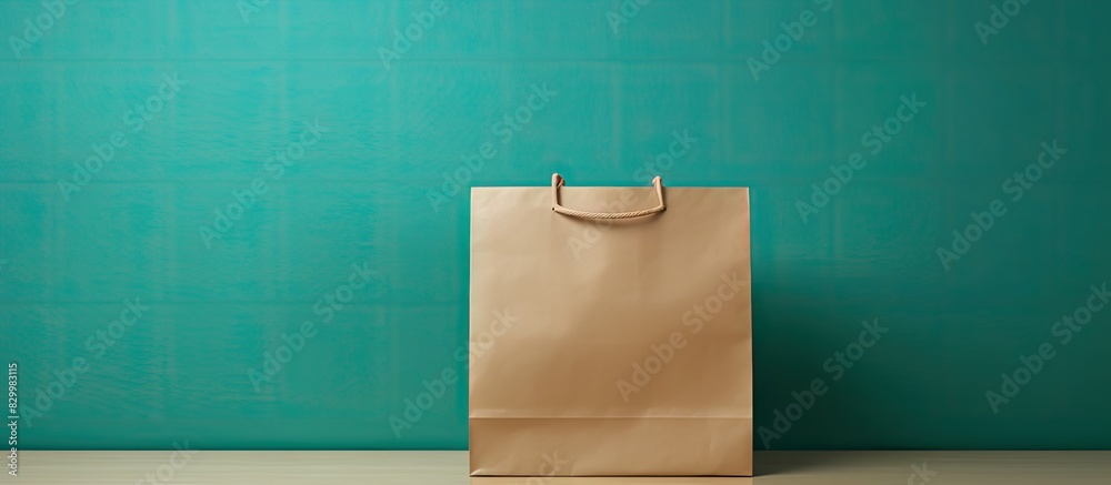 Poster Mint background with blank paper bag providing space for text. with copy space image. Place for adding text or design