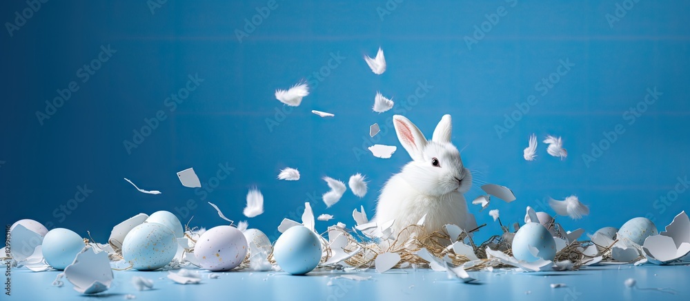 Poster a minimal creative composition for easter featuring a hatched white bunny broken eggshells and a blu