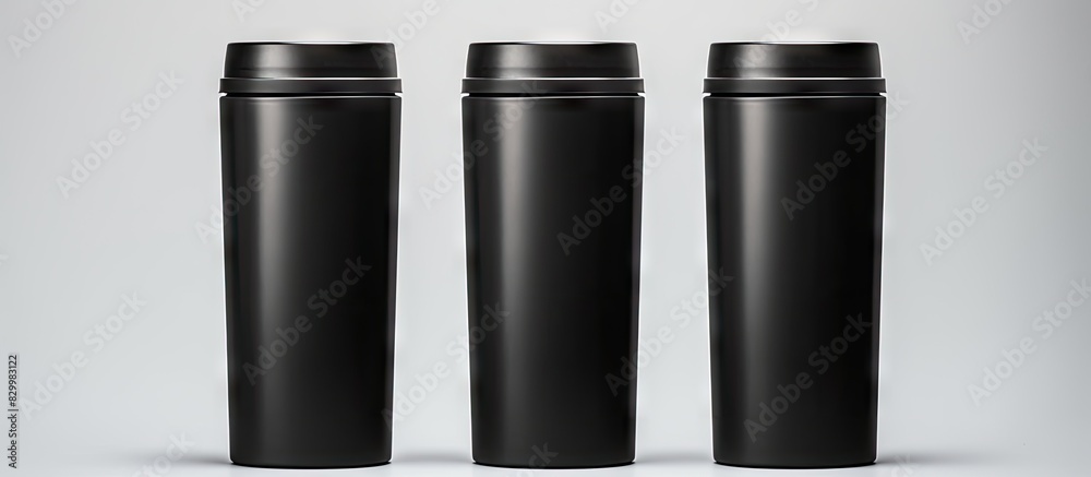 Poster A clean black thermos cup with a black lid providing copy space for text on its blank surface The cup is isolated on a transparent background allowing for different shooting angles A set of three pho
