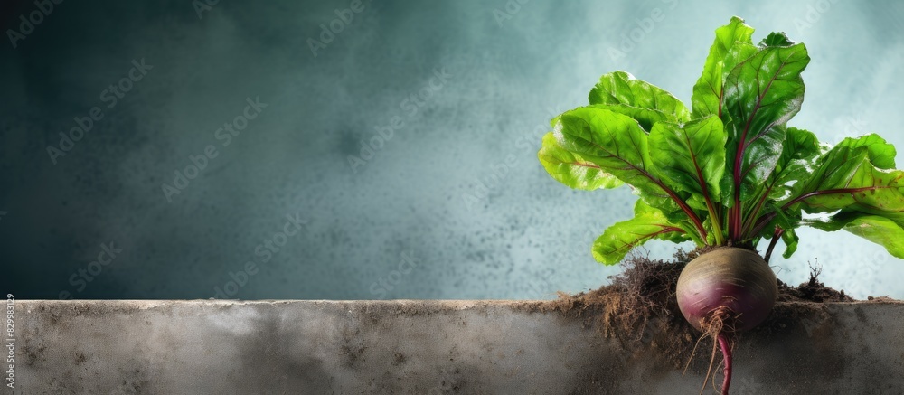 Aufkleber agricultural scene with a large root beet plant and dense foliage displayed on a concrete surface wi