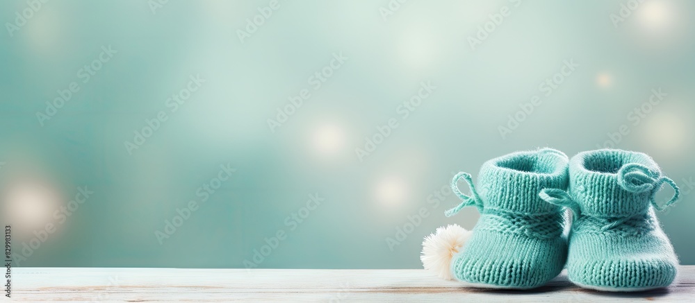 Poster copy space image of aquamarine background with knitted booties for newborn announcement concept acco