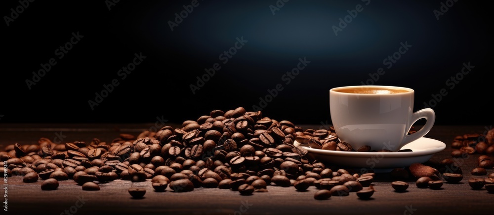 Poster on the table there is a copy space image of a coffee cup accompanied by a pile of coffee beans