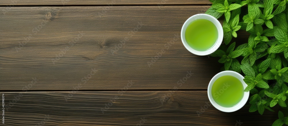 Aufkleber a top down view of a cup of green tea with fresh mint leaves on a table there is ample space for tex