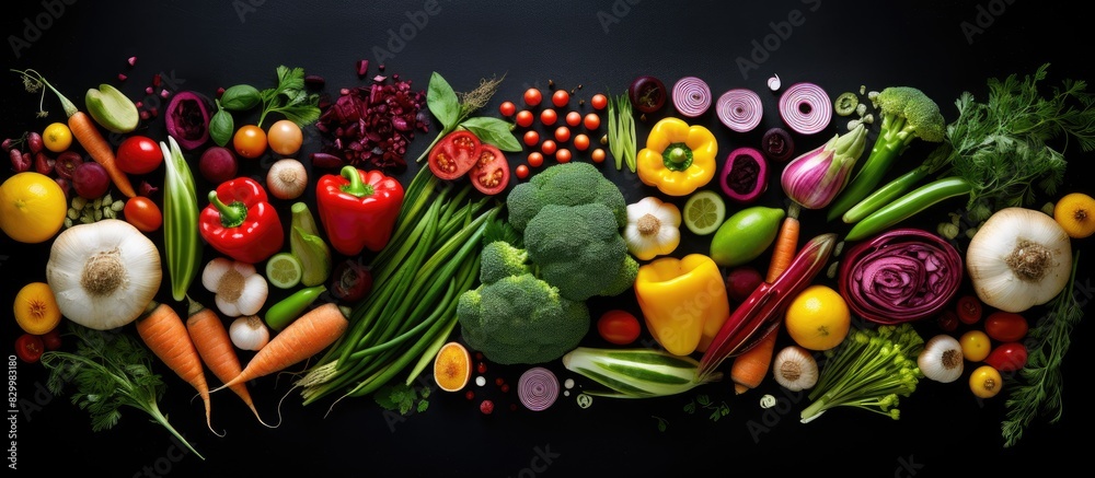 Poster the image displays a top view of various fresh organic vegetables arranged on a black background cre